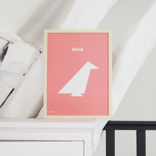 Affiche Lebird_ByPan_Oiseau blanc_fond rose_Pierre Baryga_imprimé en France_ Recyclé_décoration_L'Inatelier_Nantes_Boutique déco_poster_cadre_enfant_bébé