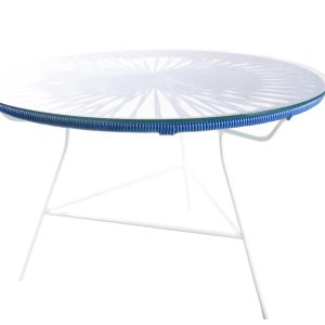 table basse ronde exterieur Zipolite Boqa_salon de jardin_design_pvc_tressage polyvinyl_terrasse_balcon_picsince_été_mobilier ext_couleur_personnalisable_plateau en verre_made in France_L'Inatelier_Nantes_boutique déco_artisanat français_bleu nuit_profil_structure blanche